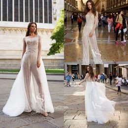 wedding jumpsuit with detachable train lace apliques sequins country beach wedding dress custom made long sleeve robes de marie