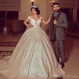 Champagne Arabic Dubai Lace Ball Gown Wedding Dresses Sheer Neck Sweep Train Appliques Beads Crystal COurt Train Wedding Dress Bridal Gowns