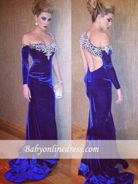 New Royal Blue Simple Velvet One Shoulder Mermaid Evening Dresses Beads Sequined Formal Evening Wear robe de soiree