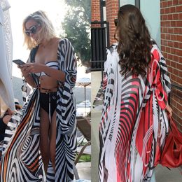 2019 Chiffon Cardigan Beach Cover Up Women Bikini Swimsuit Cover Up Long Beach Dress Zebra Striped Tunics Bathing Suit Cover-Ups