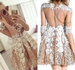 New Cheap Gold Sequined Homecoming Dresses Long Sleeves Lace Appliques Illusion Sheer Zipper Back Short Party Graduation Tail Gowns