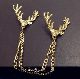 Promotional price Deer Head Chain Tassel Brooch Lapel Pin Shirt Collar pin Fashion Jewelry for Women Men Will and Sandy Drop Ship