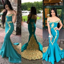 New Sexy Arabic Mermaid Evening Dresses Hunter Off Shoulder With Gold Lace Appliques Crystal Beaded Sweep Train Middle East Prom Party Gowns