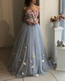 Fresh 3D Flower Long Prom Dresses Elegant Light Dusty Blue Floral Evening Gowns Plus Size Lace Up New Abendkleider Free Shipping