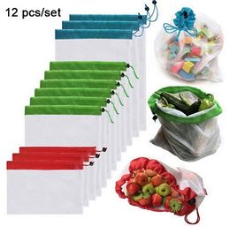 Reusable Mesh Produce Bags - 12 Pcs / set Washable Grocery Bags in 3 Sizes with Drawstrings for vegetables, bulk food, or toys UPS Free