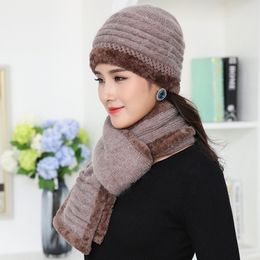 Bonnet Warm Set Crochet Hat Scarf with Velvet Woman Knit Headwear Thicken Cap Grandma Gift Twist Fleece Shawl