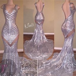 Silver Sequined Prom Dresses Mermaid Deep V Neck Backless Long Evening Dresses Plus Size Celebrity Dresses Wear