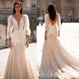 Modest Mermaid Millanova Wedding Dresses Long Sleeve V Neck Tulle Lace Applique Beads Wedding Gowns Sweep Train robe de mariée