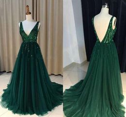 2019 Sexy V-neck V Backless Prom Dress Evening Bling Beading Rhinestones And Crystal Beaded Formal Dress Evening Gowns Party Pageant Dress