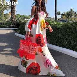 VONDA 2019 Summer Beach Dress Bohemian Women Sexy Off The Shoulder Floral Print Maxi Long Dresses Holiday Plus Size Vestidos 5XL MX200319