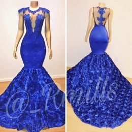 New Royal Blue Cap Sleeves Lace Mermaid Prom Dresses Tulle Lace Appliques 3D Floral Floor Length Evening Gowns Vestidos De Festa