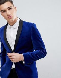 New Latest Design One Button Blue Velvet Wedding Groom Tuxedos Shawl Lapel Groomsmen Mens Dinner Blazer Suits (Jacket+Pants+Tie) 437