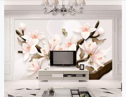Customised 3d mural wallpaper photo wall paper 3D three-dimensional embossed magnolia pen and flower living room TV background mural
