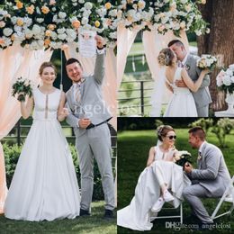 Bescheidener Landstil billiger einfacher Flecken Brautkleider Juwel Hals offen Rücken Zug ein Linie Hochzeitskleid Brautkleider Vestido de Novia