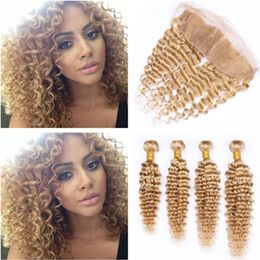 Honey Blonde Peruvian Hair Bundles Deep Wave with Frontal 4Bundles #27 Strawberry Blonde Human Hair Wefts with 13x4 Lace Frontal Closure