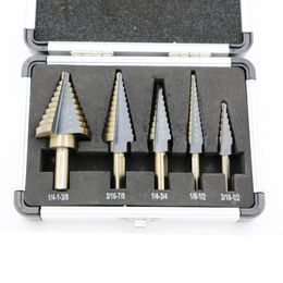 New Arrival High Quality 5pcs/Set HSS COBALT MULTIPLE HOLE 50 Sizes STEP DRILL BIT SET w Aluminium Case