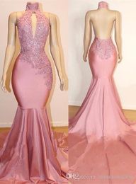 Sexy Amazing Halter Satin Mermaid Prom Dresses Keyhole Lace Applique Backles Long Formal Party Evening Gowns Robe De Mariee Modest