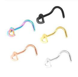 Surgical Steel Heart Nose Stud Rings Screw Bend Piercing Jewelry Women Nose Pin