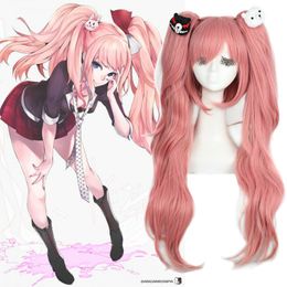Danganronpa Junko Enoshima Cosplay Wigs Long Pink Curly Hair Woman Ponytail Wig