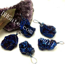 10Pcs Random Size Wire Wrapped Raw Titanium Druzy Agate Geode Pendant Sparkling Freeform Rough Metallic Quartz Crystal Cluster Pendant Charm