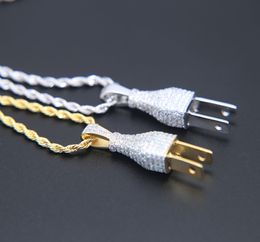 Top quality Mens Iced Out Bling Bling Plug Pendant Necklace Gold Silver Colour pendant Micro Pave Full cz bling Hip Hop Jewellery