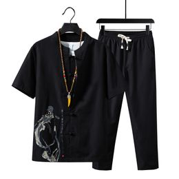 5XL Summer Cotton Linen Short-sleeved Men Shirt And Drawstring Strap Ankle Length Pants Chinese Style Men Two-piece Set XXXXXL