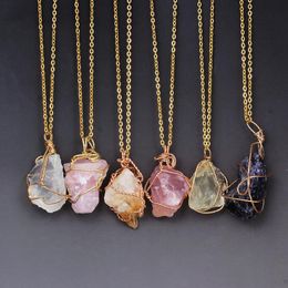 Pretty Necklaces Gold Chain Wire Wrapped Punk Irregular Natural Stone Necklace Jewellery Rose Quartz Healing Crystals Pendant Necklace