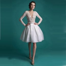 Vestido de noiva Lace Wedding Dress 2020 Short Champagne Tulle Pearls Bride Dresses Knee Length Illusion Back Wedding Gowns304f