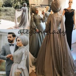 -Silberne graue Spitze-Chiffon- Brautkleider mit langer Hülse 2019 Stehkragen Muslim Turkan Kaftan Country Brautkleid mit Bandumhang