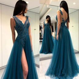 2020 New Gorgeous Dark Blue Scoop Long Evening Dresses Formal Dresses With Side Split Vestido De Festa Illusion Bodice Backless Party Gowns