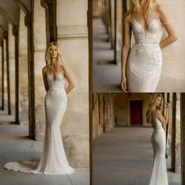 gali karten mermaid wedding dresses spaghetti v neck lace appliqued sweep train wedding gowns beads beach backless long bridal dress