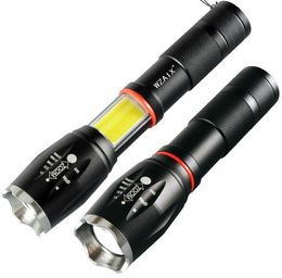 LED flashlight side COB lamp design T6/L2 8000 lumens Zoomable torch 4 light modes 18650 battery torch for outdoor hiking camping