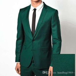 High Quality Two Buttons Dark green Groom Tuxedos Groomsmen Notch Lapel Best Man Blazer Mens Wedding Suits (Jacket+Pants+Tie) D:36