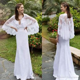 2019 Cheap A-line New Lace Beach Long Wedding Dress High Quality Cloak V Neck Boho Garden Country Bridal Gown Custom Made Plus Size