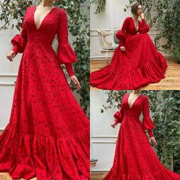 2020 Red Evening Dresses Long Sleeve V Neck A Line Fairy Prom Dress Sweep Train Custom Made Specail Robes De Soirée