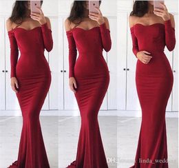 2019 Red Long Sleeves Evening Dress Sheath Backless Off the Shoulder Long Formal Holiday Wear Prom Party Gown Custom Made Plus Size
