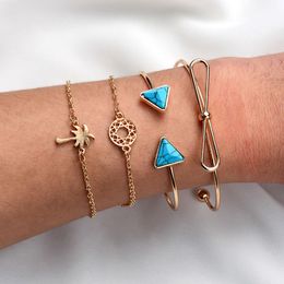 S1002 Fashion Jewellery Vintage Bracelet Set Triangle Turquoise Bowknot Hollowed Circle Coconut Palm 4pcs/set Bracelets