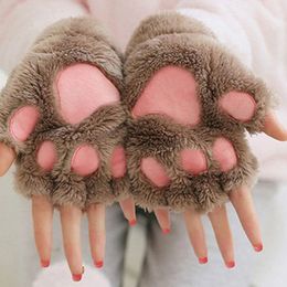 Women Girls Lovely Fluffy Bear Cat Plush Paw Claw Half Finger Gloves Mitten Winter Warm Fingerless Gloves YD0438