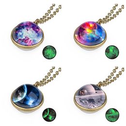 Starry sky Necklace 16 Colours two-sided Glass ball pendant solar system universe Necklace Time gem Luminous necklace for Christmas Gift