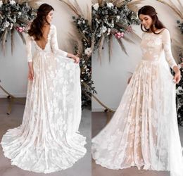 2020 New Vintage Bohemian Wedding Dresses with Nude Lining Long Sleeves Open Back Full Lace Boho Beach Garden Bridal Gowns 79