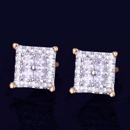 New Gold Star Hip Hop Jewelry 12mm Square Zircon Stud Earring for Men Women's Ice Out CZ Stone Rock Street Three Colors