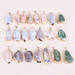 10Pcs 35-50mm Freeform Hand Cut & Polished Natural Banded Botswana Agate Pendants Silver/Gold Plated Bezel Blue Lace Agate Charms Wholesale