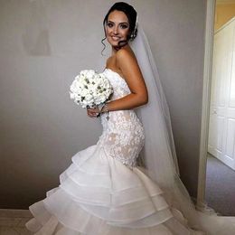 AnHui Ruffle Buttons Fish Style Strapless Lace Wedding Dress African White Tulle Lace Mermaid Wedding Dress