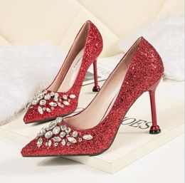 Fashion Crystals Wedding Shoes 4 inch High Heels Rhinestones Sexy Pointed Bright Sequins Bridal Shoes Party Prom Slim Shoes For Wo291r