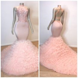 pink ruffle long prom dresses mermaid sexy lace applique high neck sleeveless illusion sweep train elegant evening formal gowns