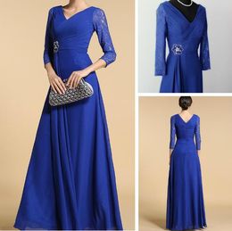 V-neck 2019 Formal Long Sleeves Mother's Dresses Wedding Party Dress Long Floor-length Waist Beads and Flow Mother Of the Bride Dresses