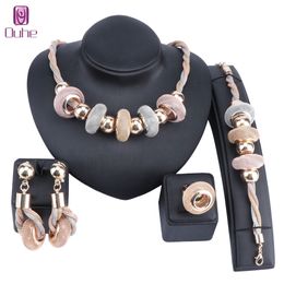 Fashion African Beads Jewellery Set Nigerian Wedding woman Accessories Necklace Earring Ring Set Dubai Gold Colourful Jewellery