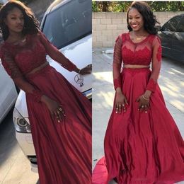 Red African Two Pieces Prom Dresses Sheer Neck Long Sleeves Appliques Lace Satin Party Dress Plus Size Black Girls Dresses