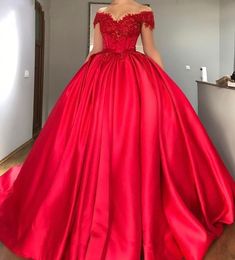 Puffy Satin Off Shoulder Prom Dresses Lace Crystals Beaded Ribbon Ball Gown Vestidos De 15 Anos Quinceanera Dress Evening Formal Gowns Long