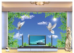 Custom 3D photo mural wallpaper wall sticker Blue sky white clouds green leaves living room TV sofa background wall home decoration